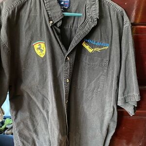 Black Racing Logo Button-Up Shirt with Embroidered Patches Ferrari